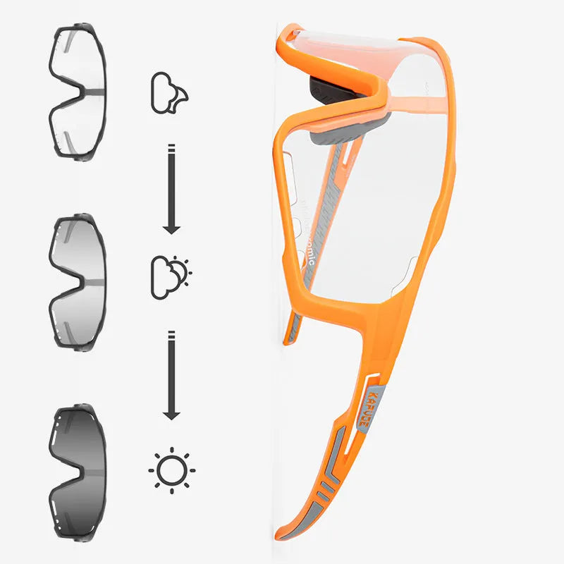 Photochromic cycling sports goggles with TR90 frame and semi-rimless design shown in multiple colour options.
