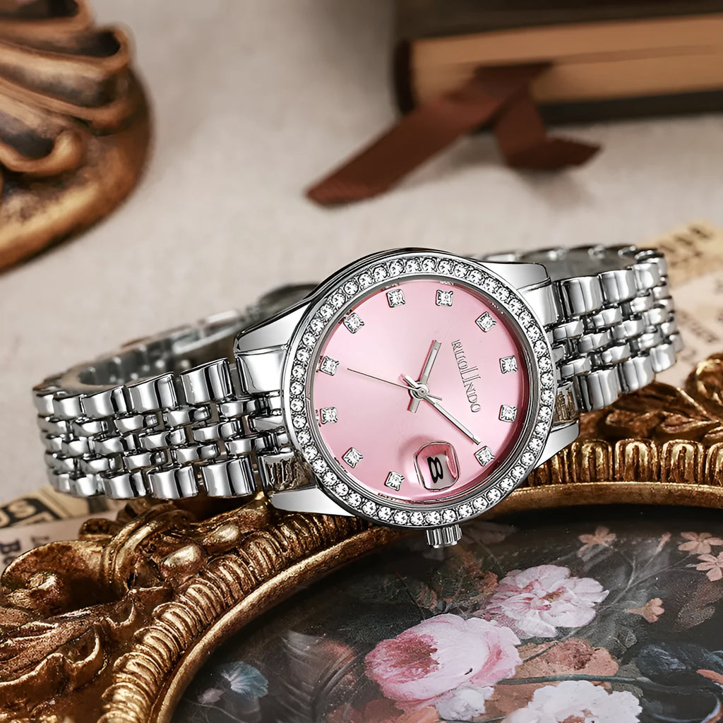Women's silver alloy calendar watch with circular 32mm dial and stainless steel folding buckle