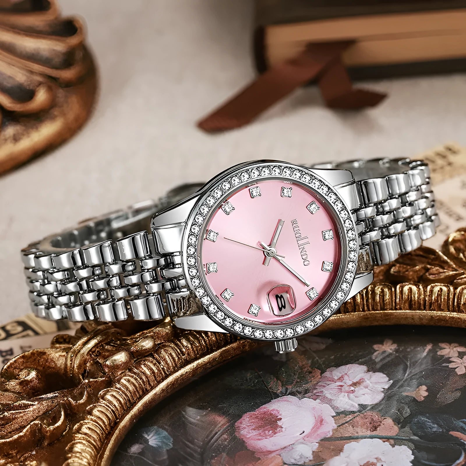 Women's silver alloy calendar watch with circular 32mm dial and stainless steel folding buckle
