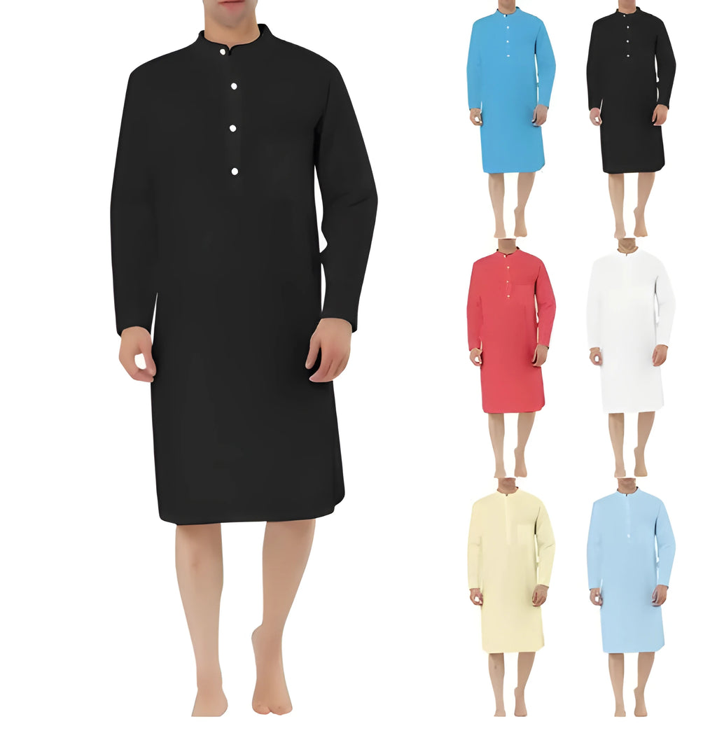 Men's cotton shirt robe in light blue with simple chest pocket, shown with relaxed fit for home wear