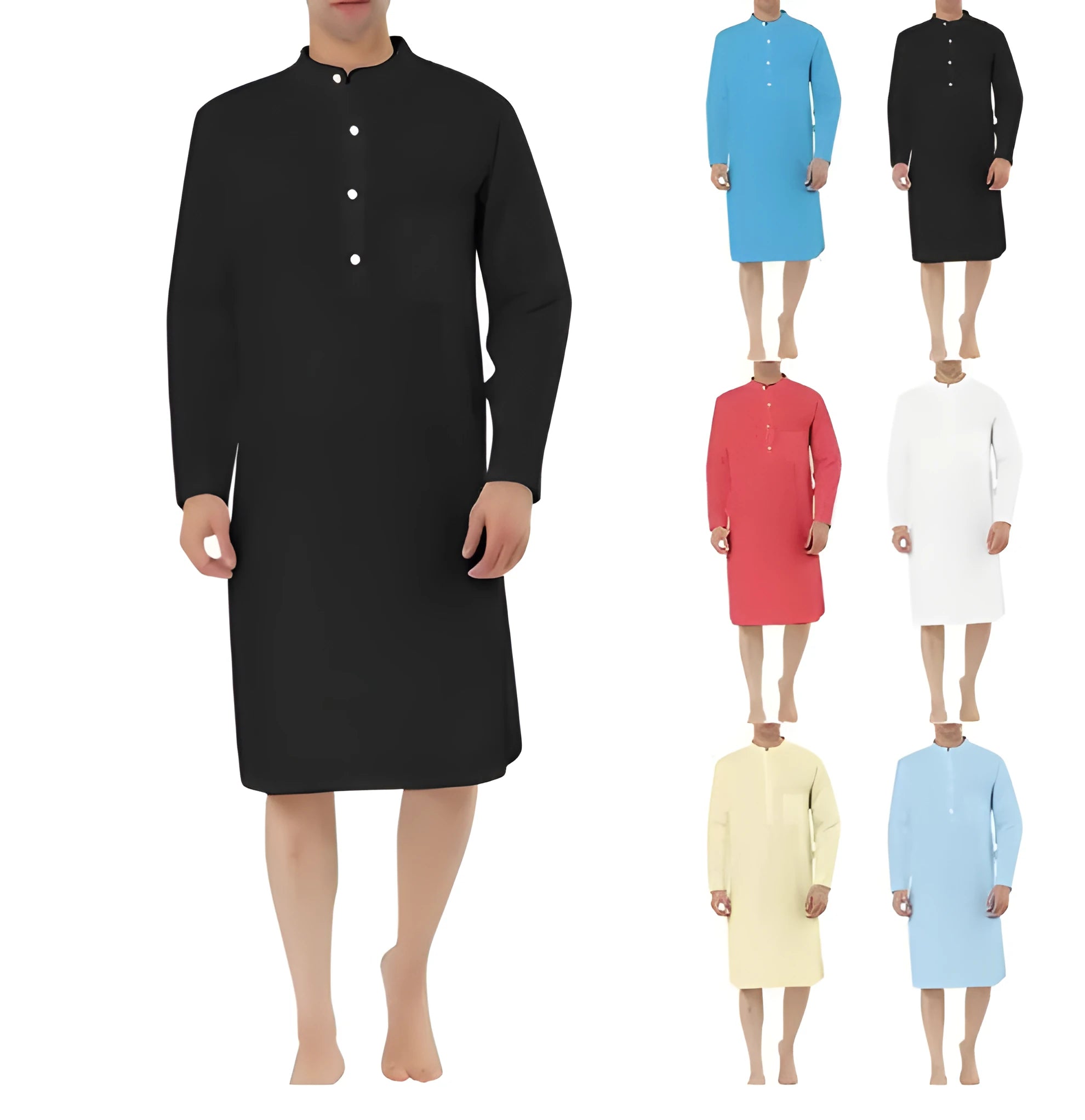 Men's cotton shirt robe in light blue with simple chest pocket, shown with relaxed fit for home wear