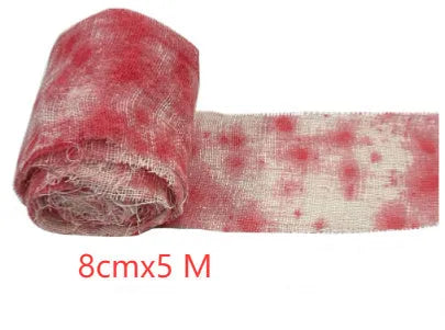 Roll of red Halloween horror gauze bandage with bloody dye effect, 8cm wide.