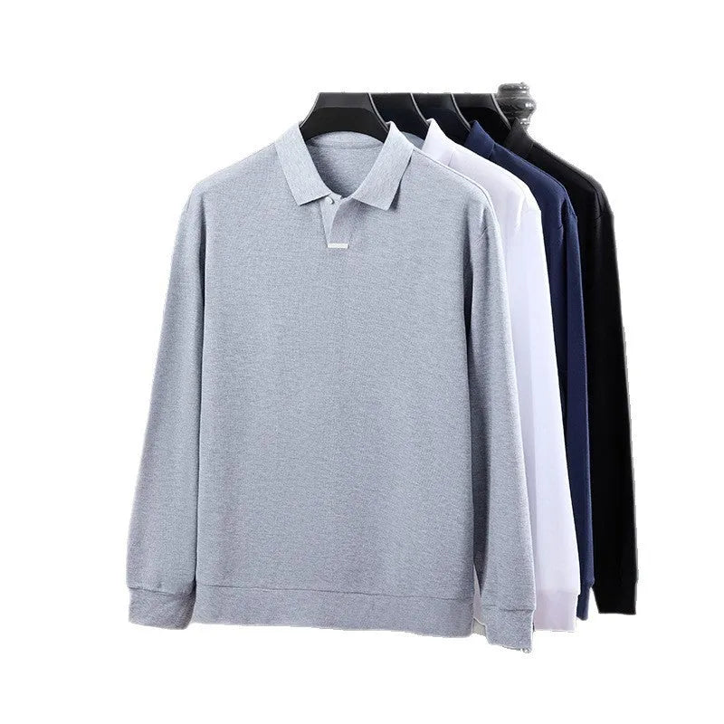 Men's grey cotton polo shirt with asymmetric design and lapel collar, loose fit long sleeves