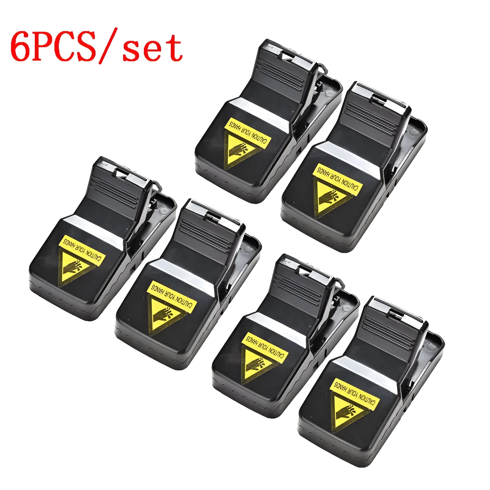 Six black snapping mousetraps made of PC+ABS plastic, shown with a ruler indicating 11cm length.