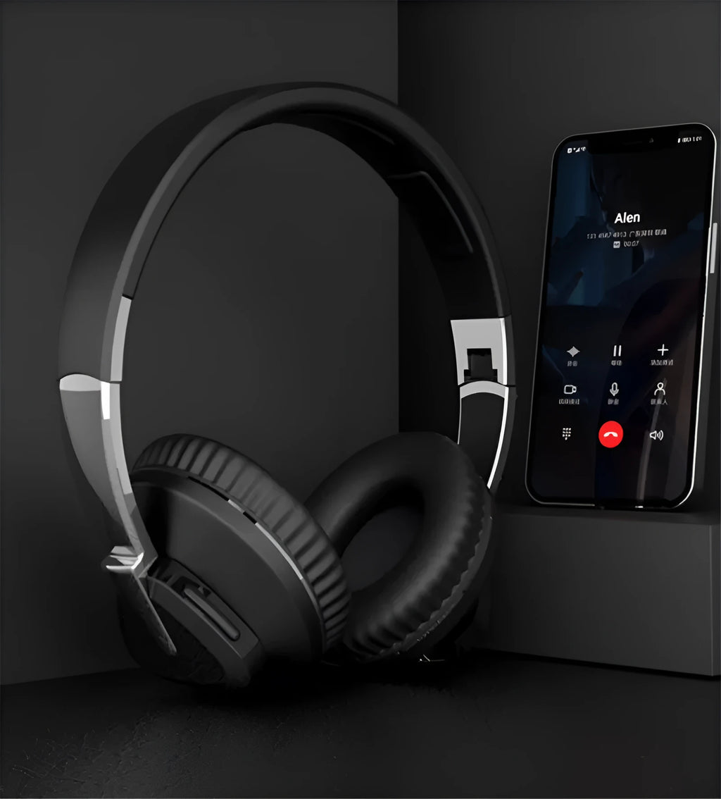 H3 wireless Bluetooth over-ear headset in black, showing earcup with controls, AUX jack, and TF card slot.