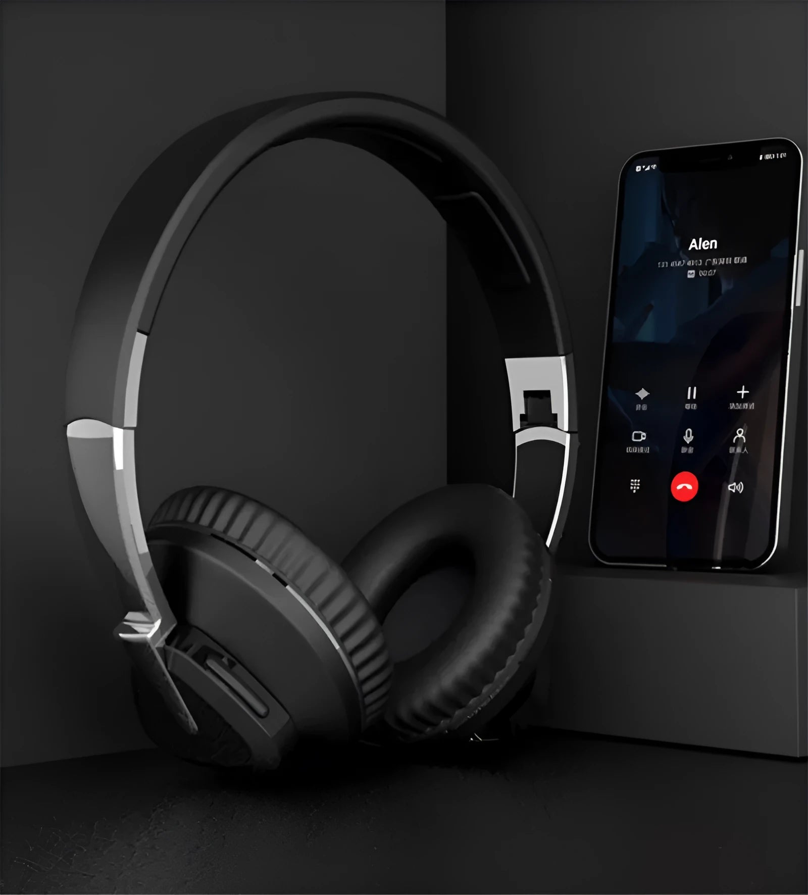 H3 wireless Bluetooth over-ear headset in black, showing earcup with controls, AUX jack, and TF card slot.