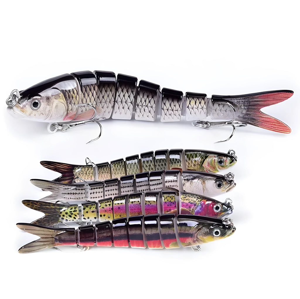 14cm ABS fishing lure with 8-segment body, treble hooks, and realistic 3D eyes