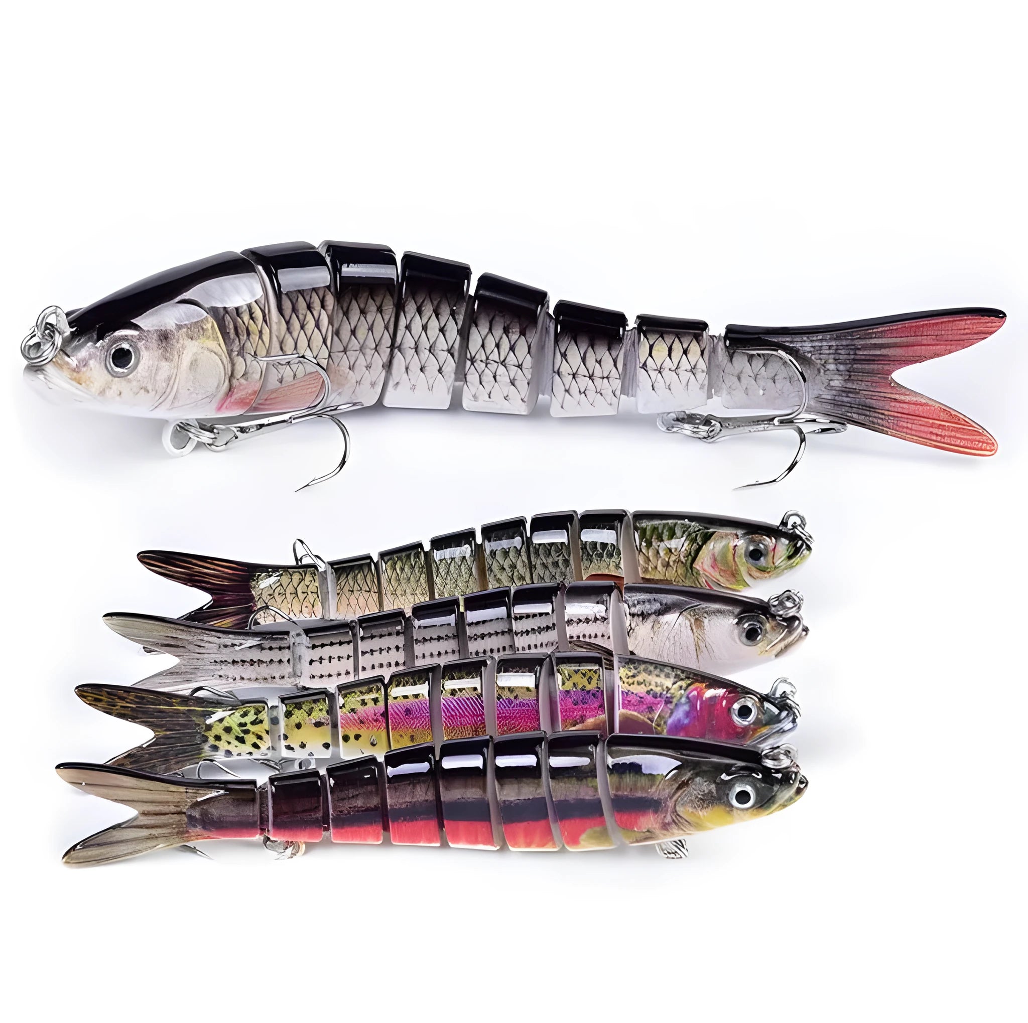 14cm ABS fishing lure with 8-segment body, treble hooks, and realistic 3D eyes