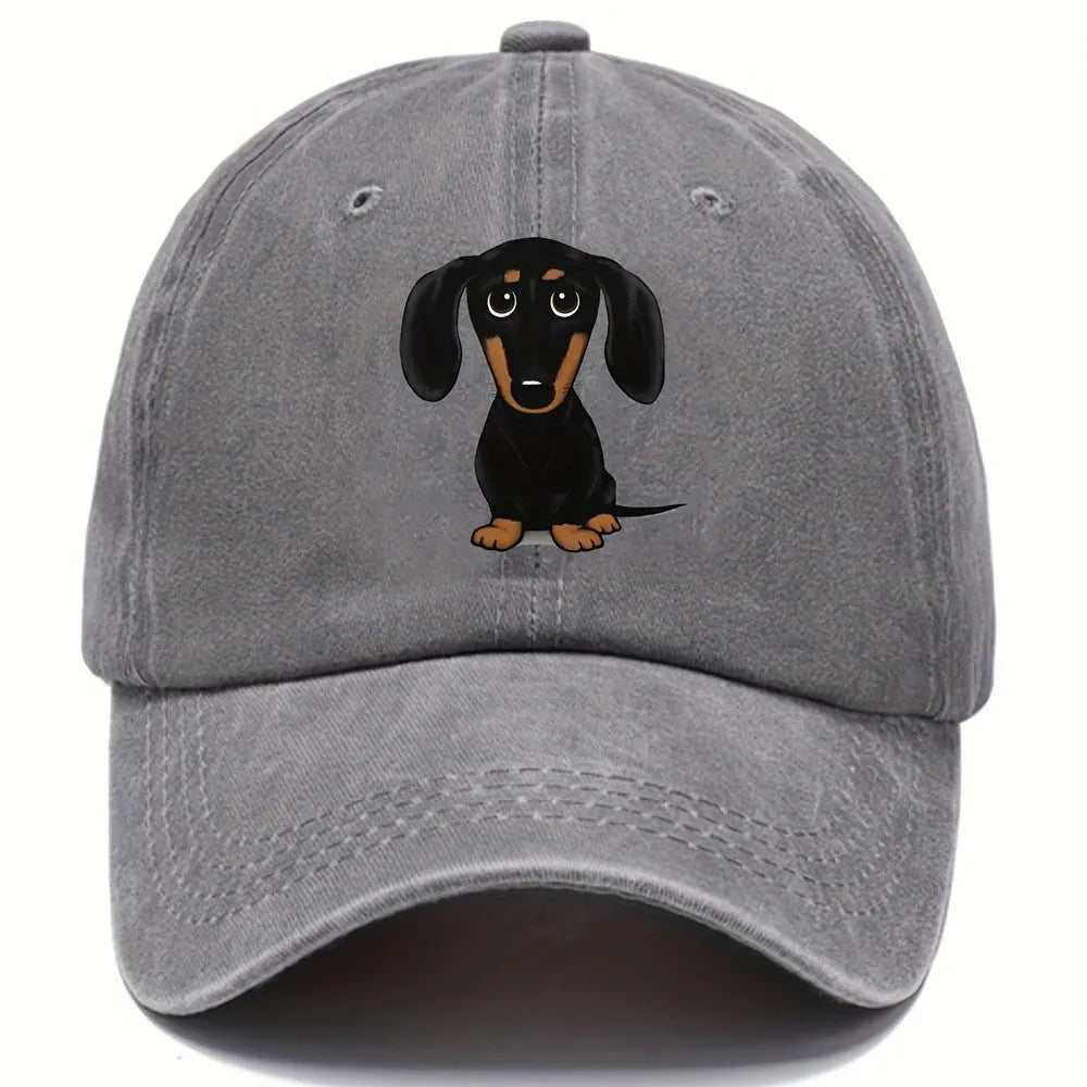 Retro washed baseball cap with embroidered dachshund design on cotton fabric