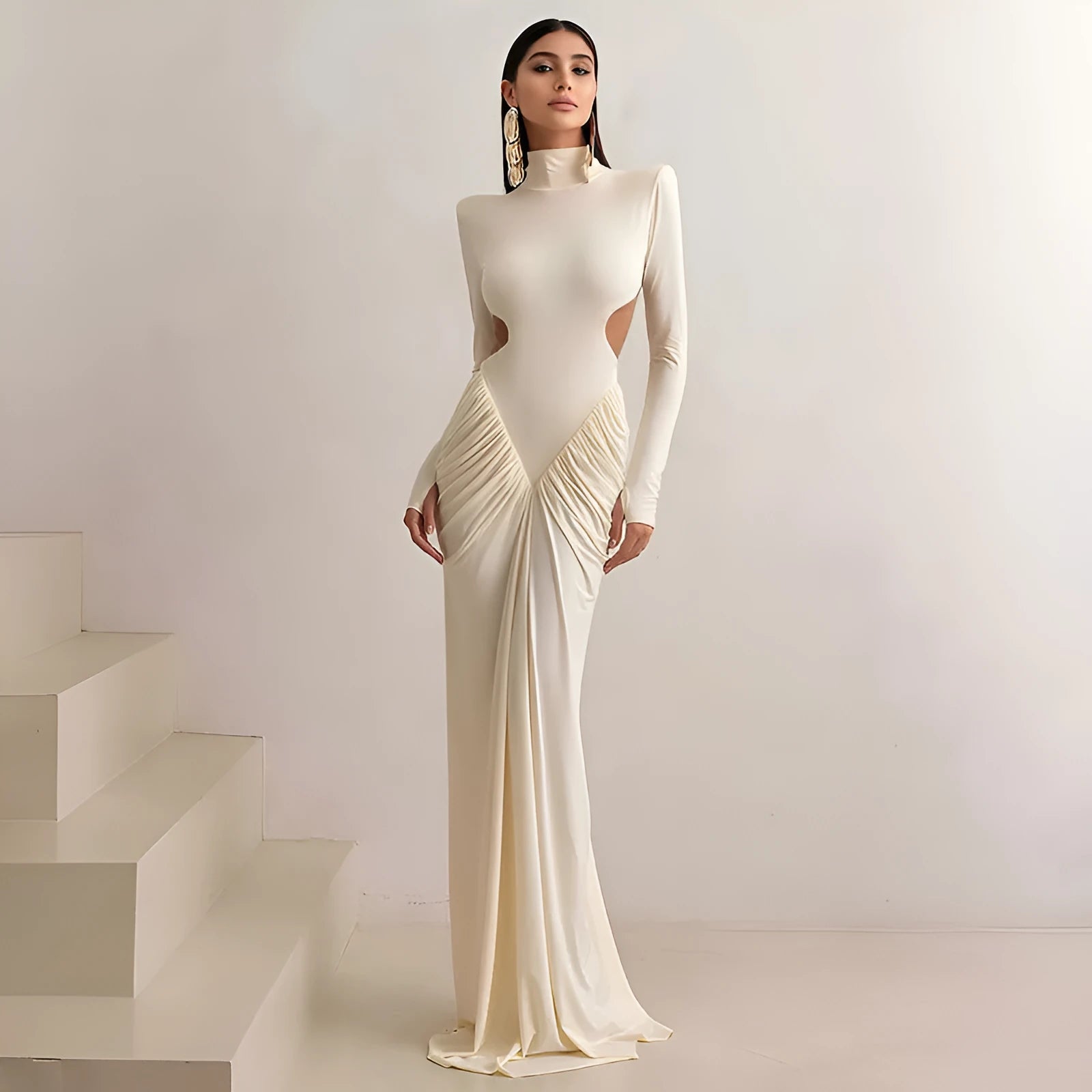 Women's long sleeve backless dress with high collar and pleated detailing in slim fit silhouette