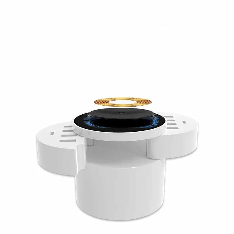 Ceramic white circular wireless charger with multiple ports and international plug adapters