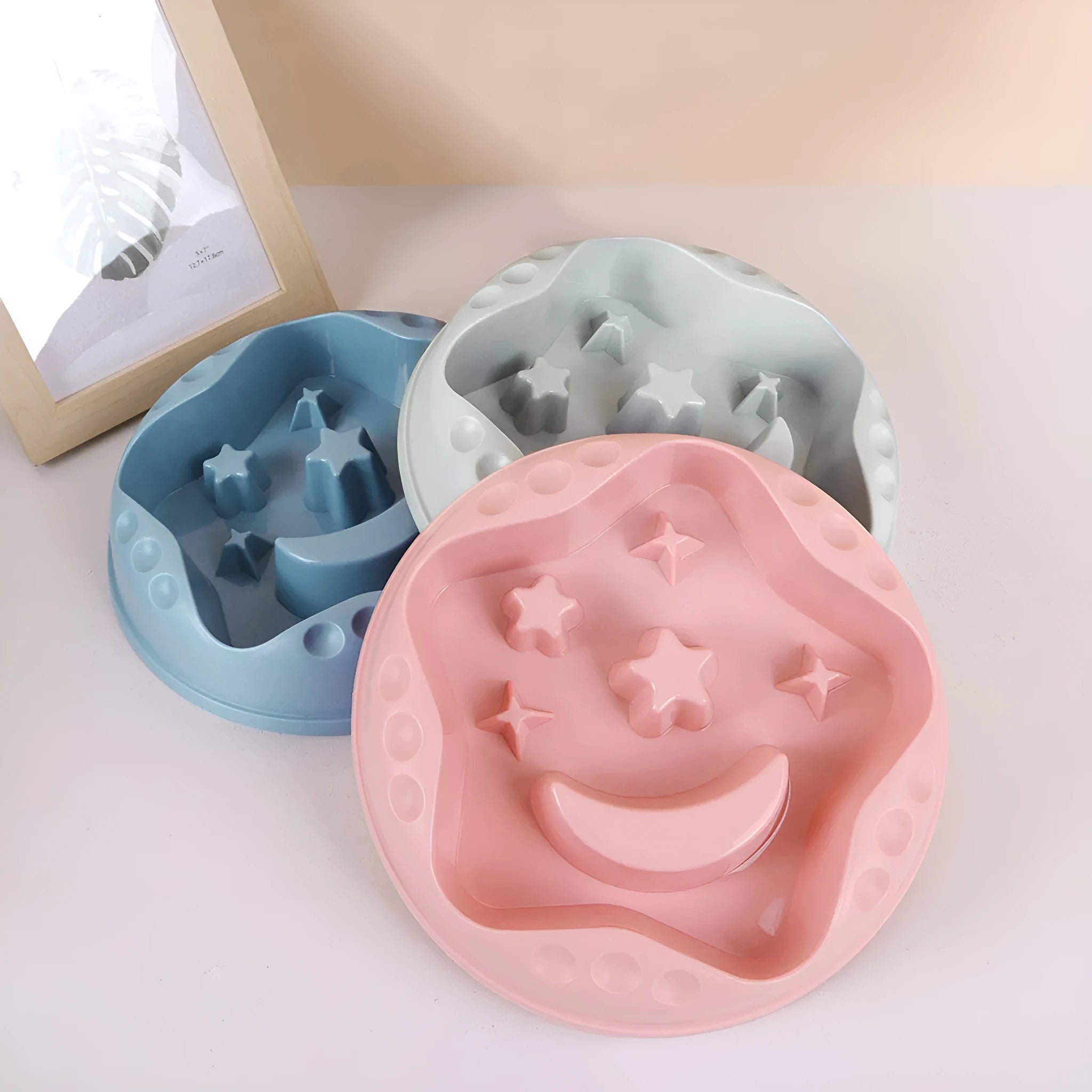 Moon star wings pattern dog slow feeder bowl with non-slip silicone base in blue, grey, green, pink or yellow