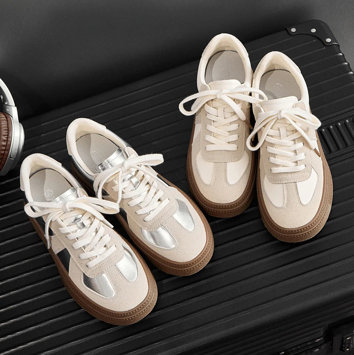 Retro round toe board shoes in matte finish with cross straps and front laces, shown in milky white and silver.