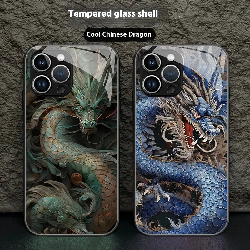 Graphite Black glass hard phone case with painted Chinese dragon design for Apple iPhone