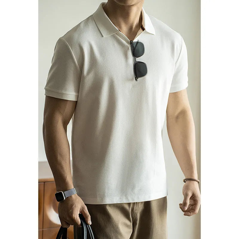 American-style short-sleeve polo shirt in blue, shown on a model.