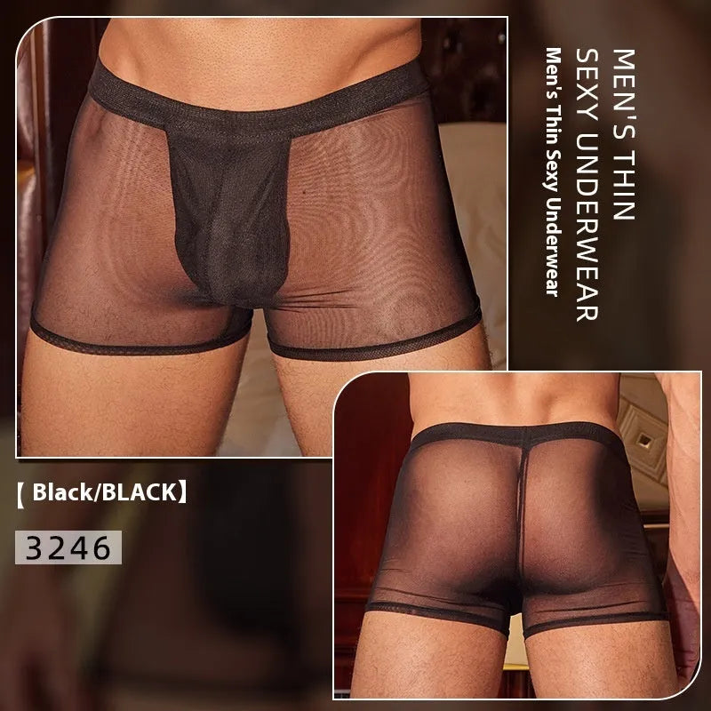 Black and white men's ultra-thin nylon boxer briefs laid flat, showing free size fit.