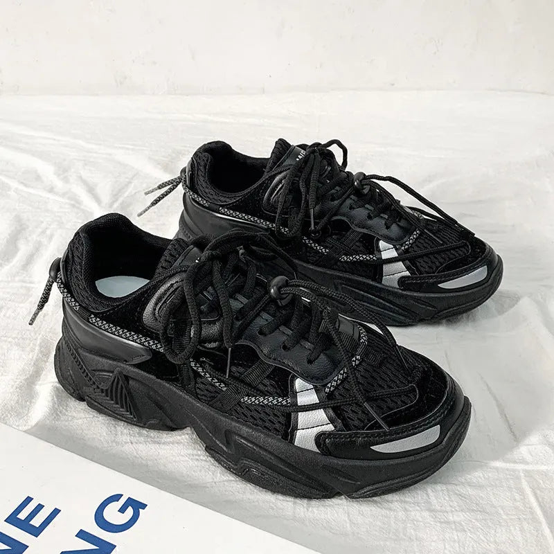 Men's white platform dad sneakers with lace-up front and chunky sole for height increase.