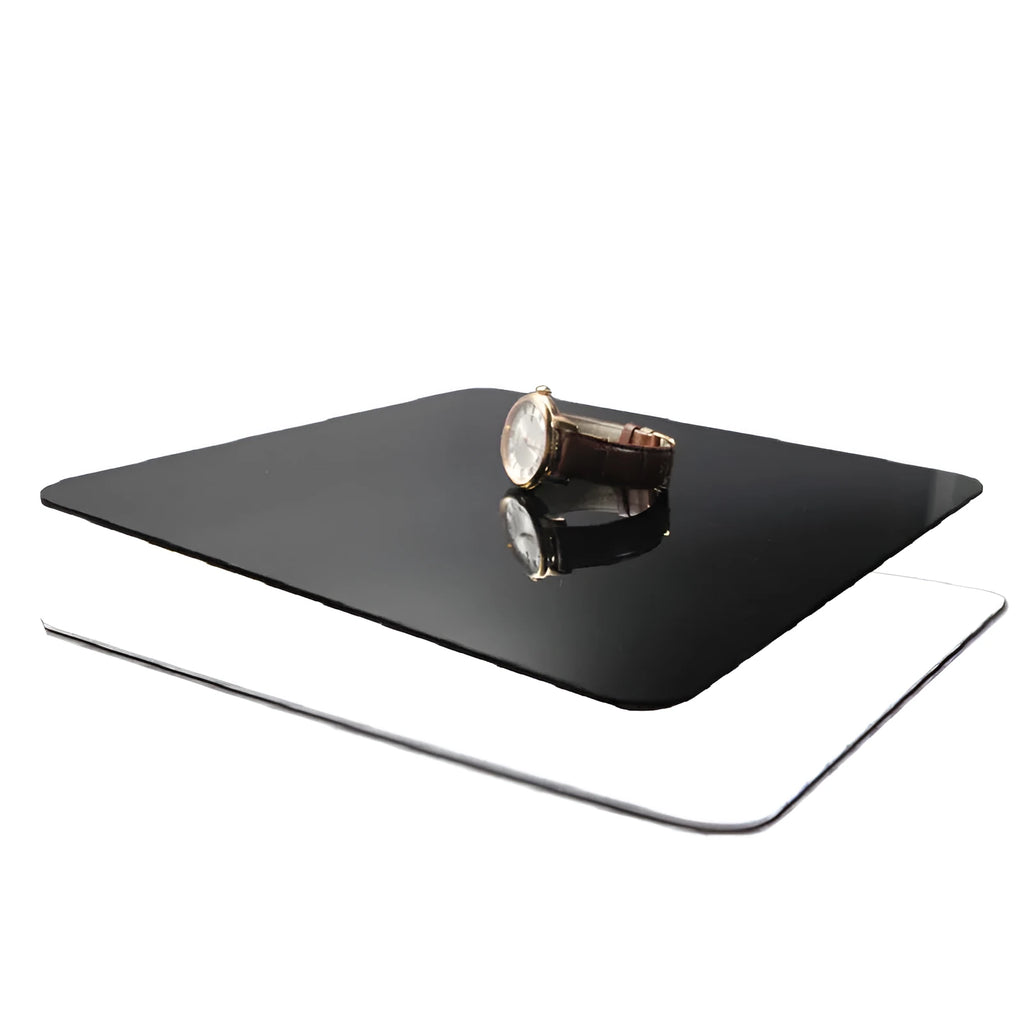 Black and white square acrylic reflection boards for photography in 20cm, 30cm, and 40cm sizes.