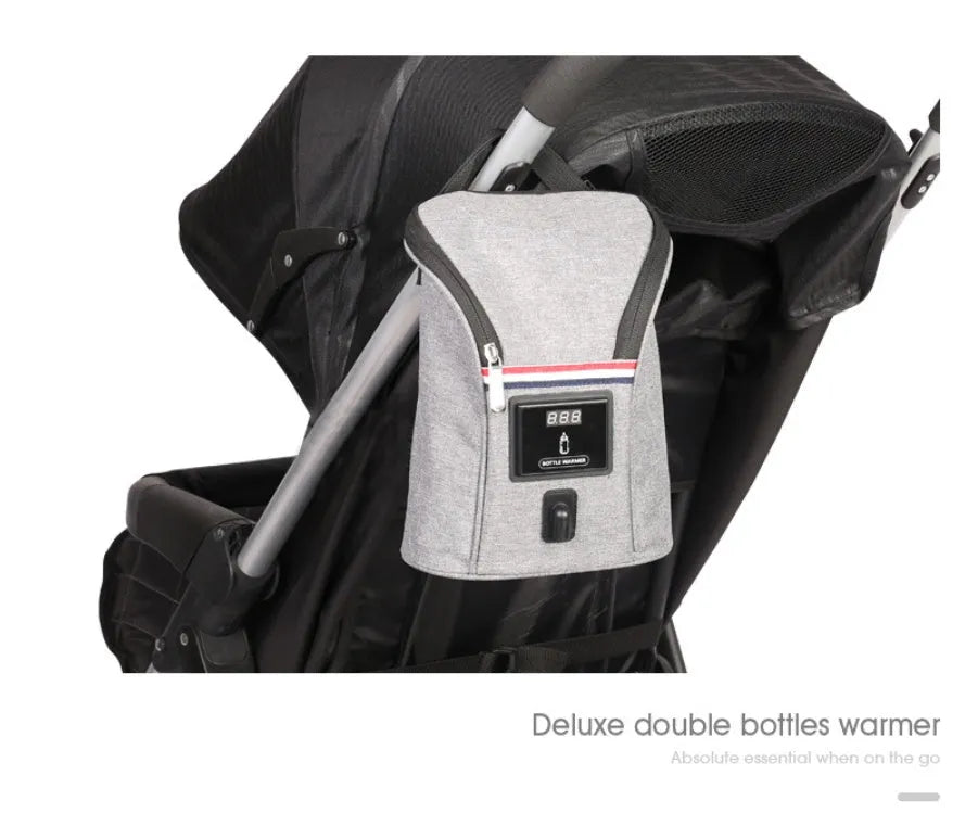 Grey Oxford cloth portable baby bottle warmer with digital display and car USB charger