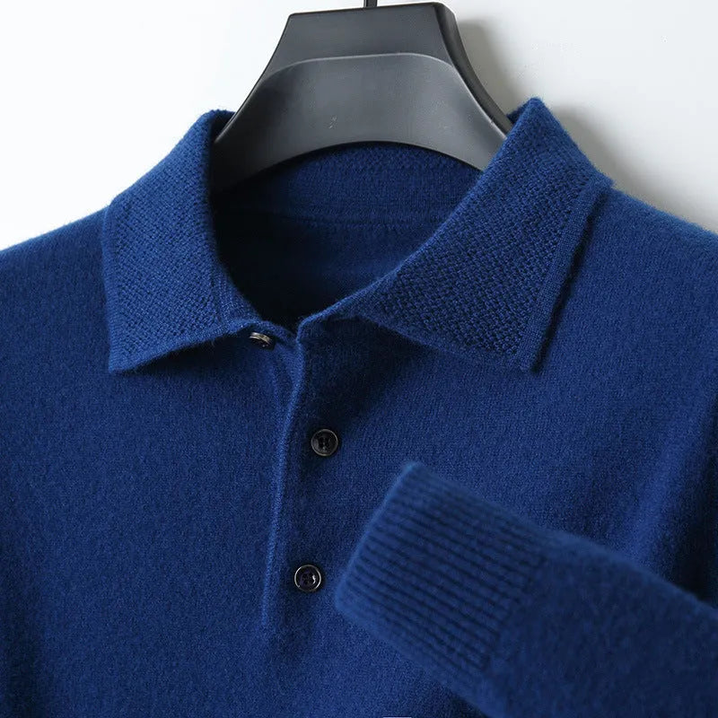 Men's grey wool polo collar sweater on a hanger, showing long sleeves and smart collar detail