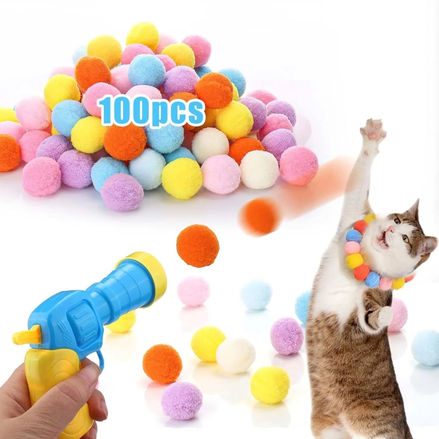 Cat toy ball launcher gun in hand with 20 soft plush pom pom balls for interactive fetch play