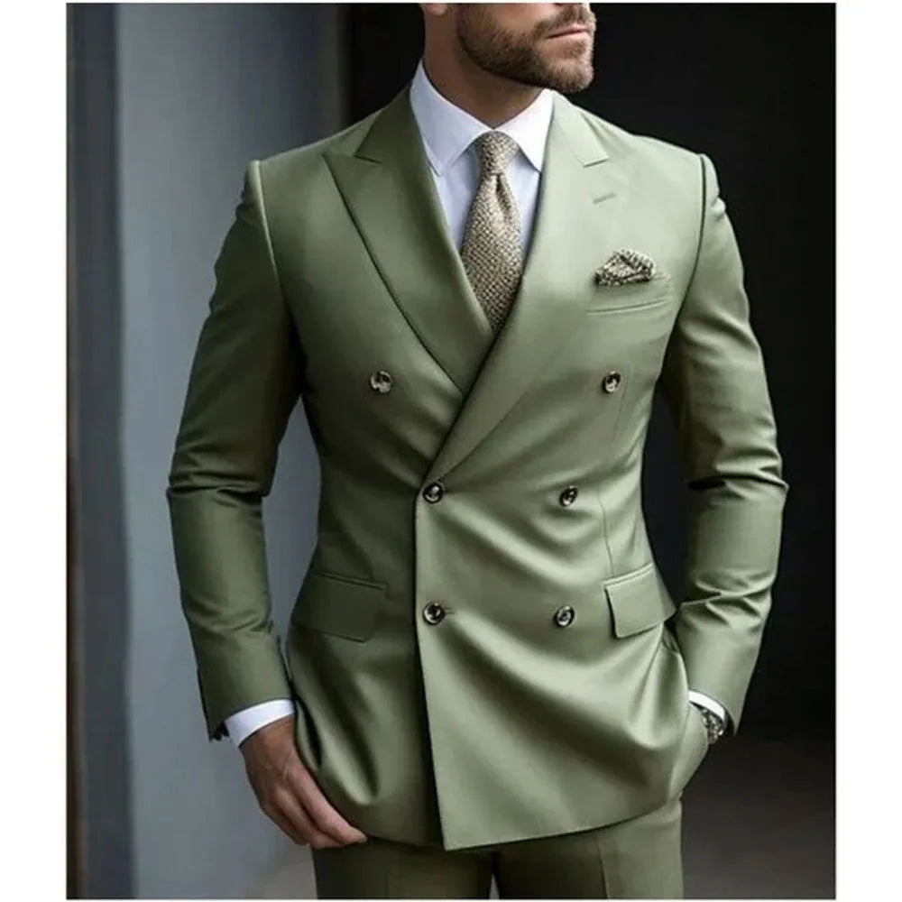 Men's gray Korean slim fit two-piece suit jacket and trousers on a hanger