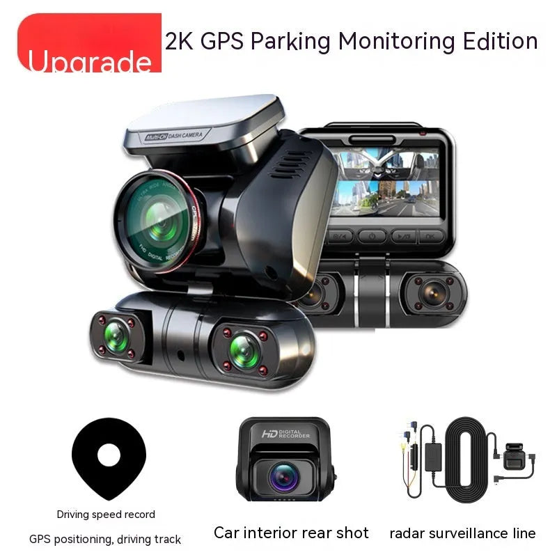 Multi-lens car dashboard camera with 2-inch screen and compact plastic housing for vehicle recording