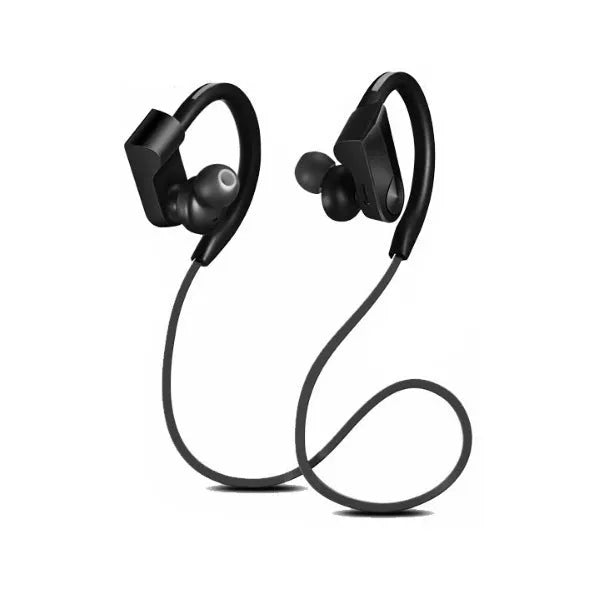 Black wireless Bluetooth neckband earphones with earpieces showing, placed next to a USB charging cable on a white background.