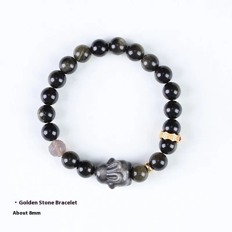 Handmade national style bracelet with lying rabbit charm made from jin yaoshi, agate, and brass.