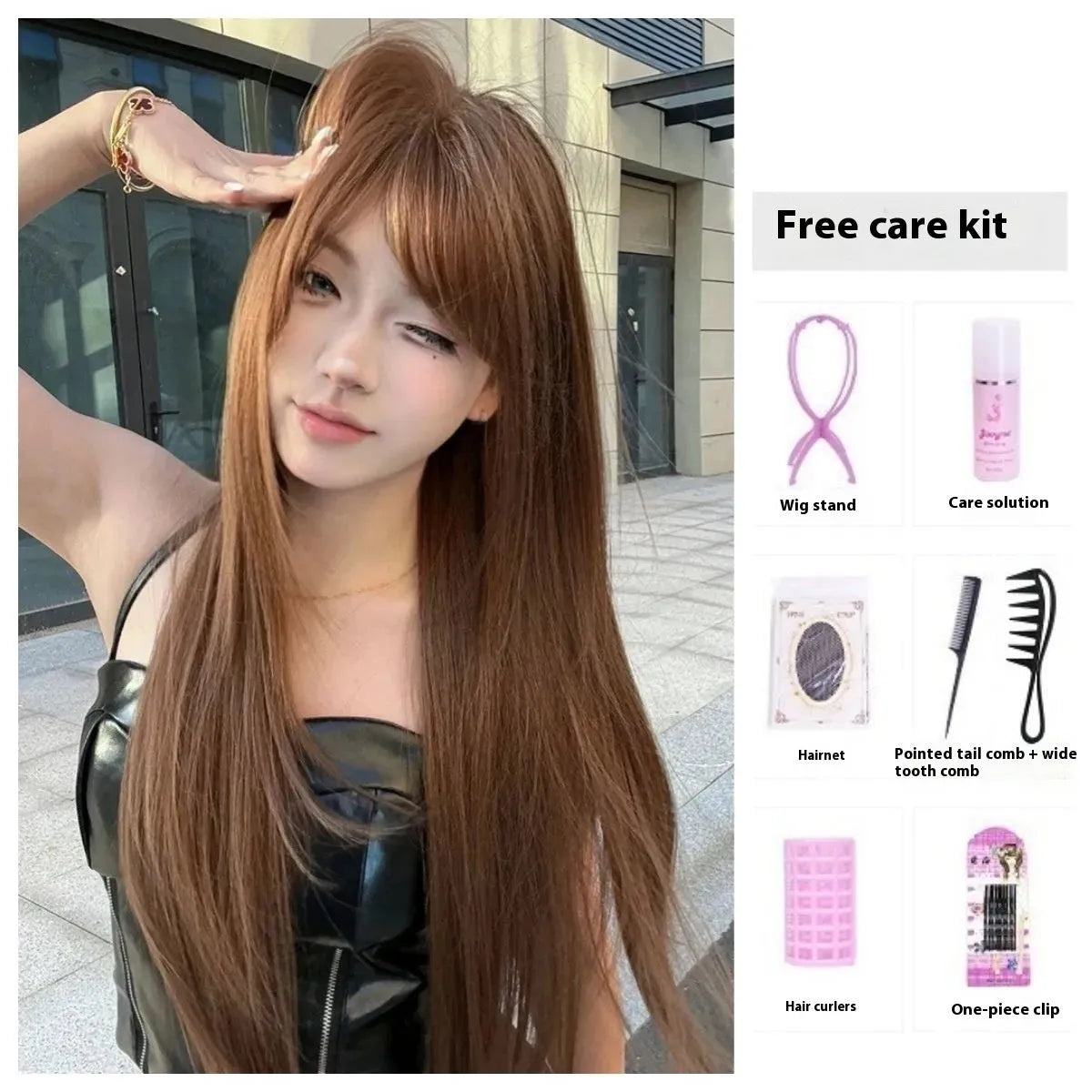 Warm brown long straight synthetic wig with bangs made from high temperature fibre
