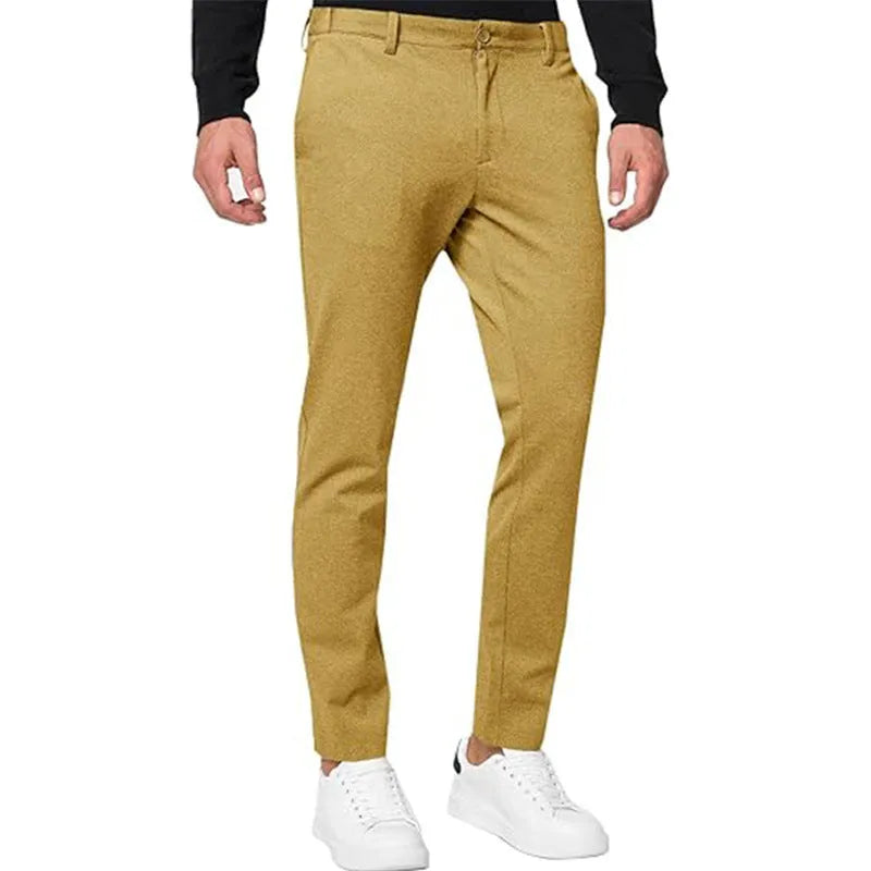 Men's slim-fit tapered chino trousers in solid colours with mid-waist and zipper fly