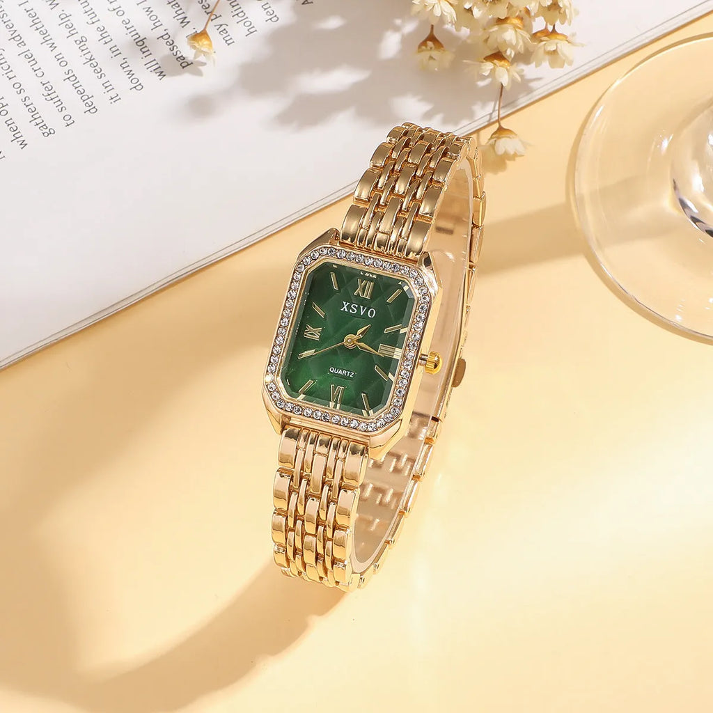 Gold green square women's watch with four matching bracelets showing jewellery buckle and 25mm dial