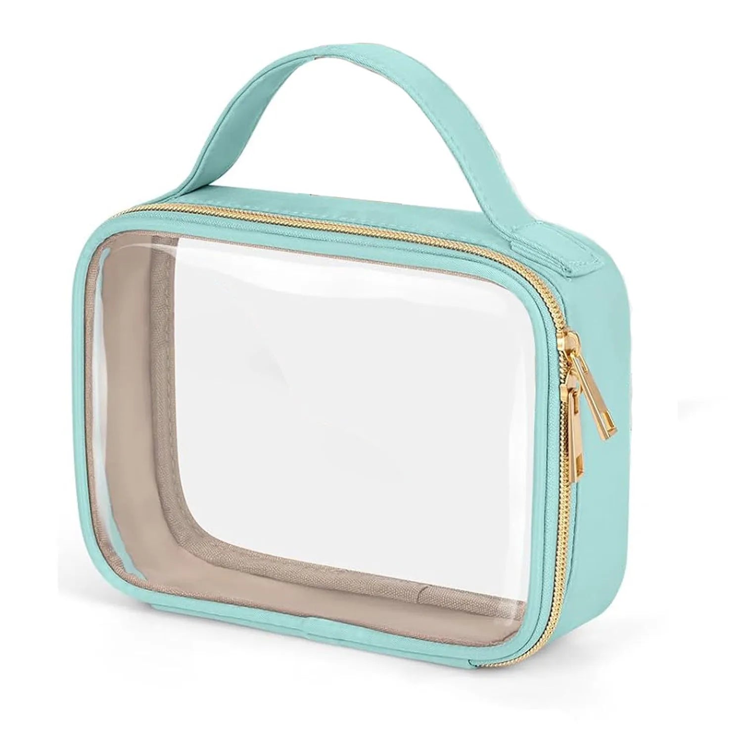 Transparent PVC cosmetics wash bag with chain in multiple colour options on a white background.