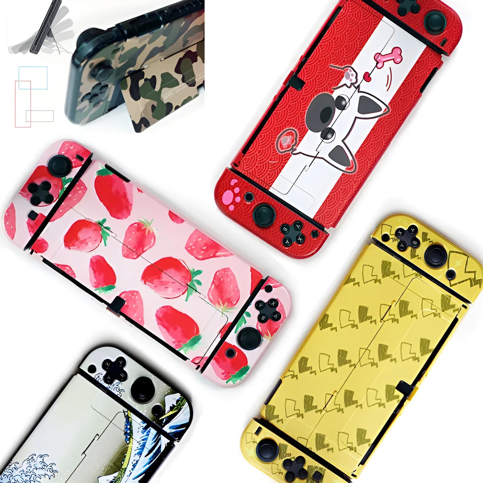 Nintendo Switch OLED hard protective case with cartoon pattern design showing front and back views