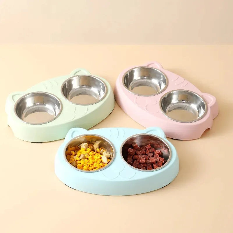 Macaron-style plastic pet feeder with two bowls in blue, green or pink colours