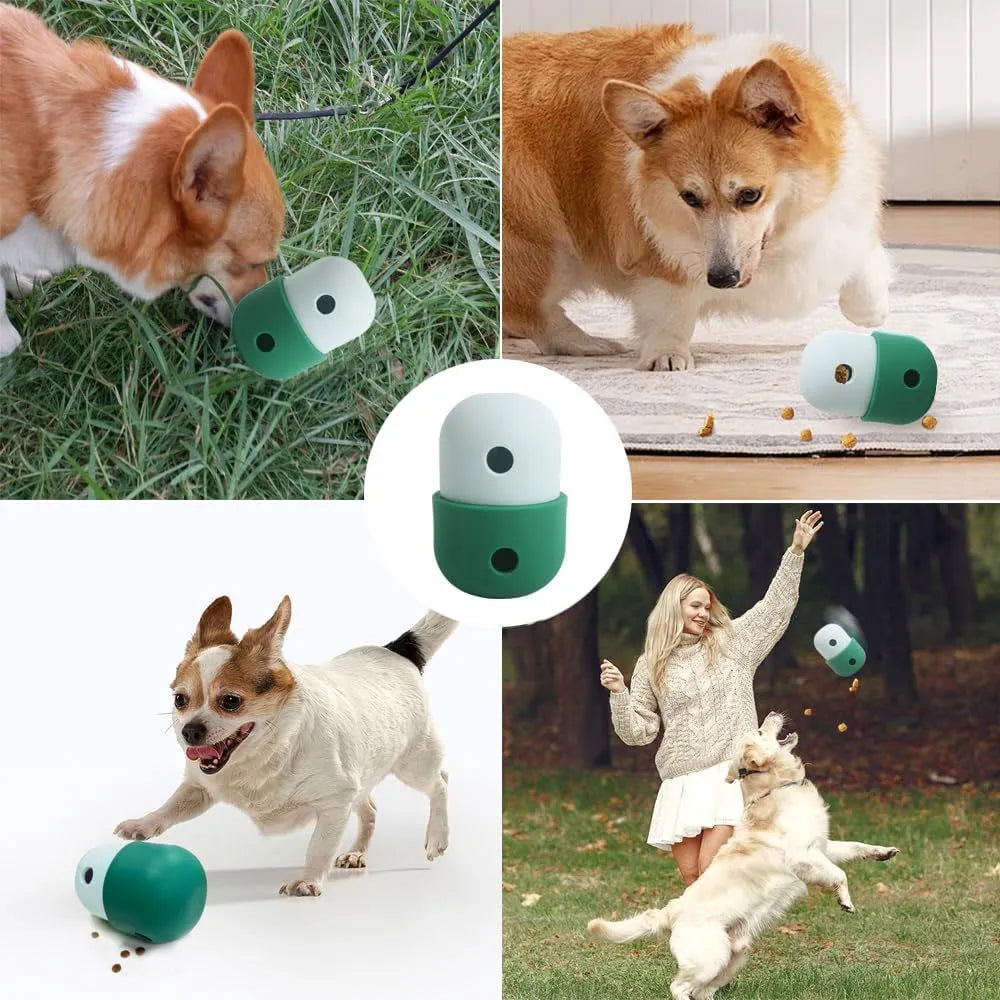 Two-tone silicone dog treat dispensing puzzle ball for small medium dogs on a wooden floor