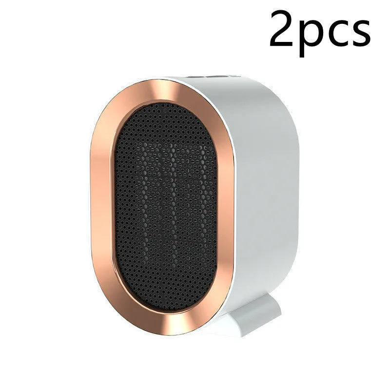 Desktop electric fan heater with a casting shell, showing mechanical dial and available in black, blue, green, or white.