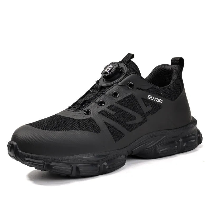 Black lightweight safety shoe with flyknit fabric upper and steel toe cap.