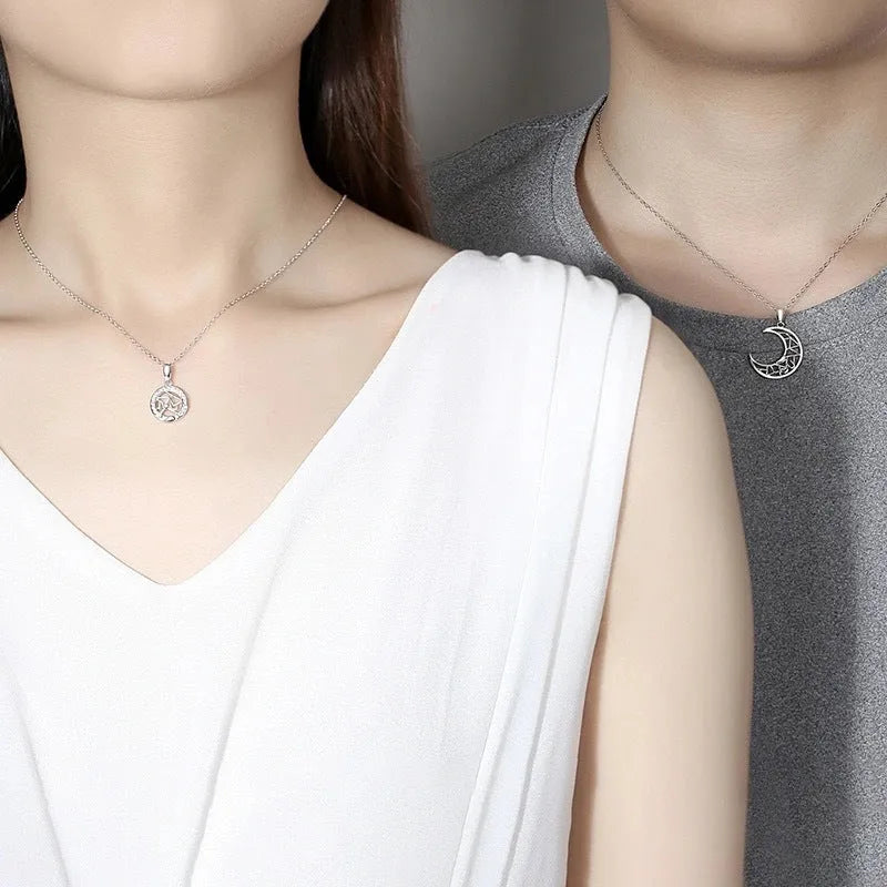 Sun moon couple necklace set with copper pendants and cross chain design