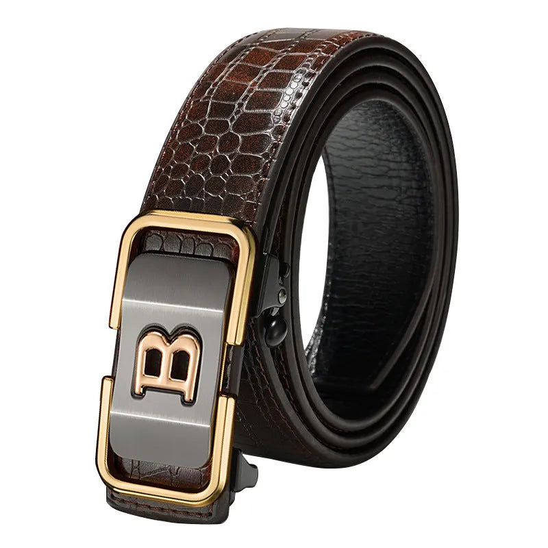 Toothless automatic buckle genuine leather belt in coffee black with zinc alloy buckle