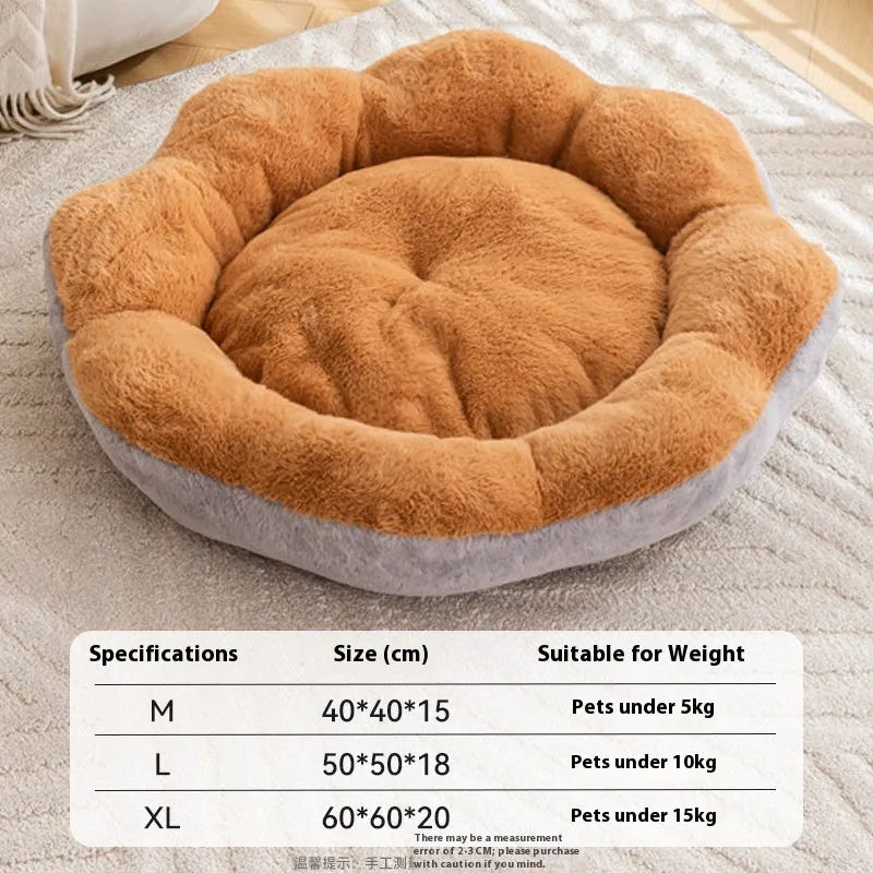A round plush cat bed with a detachable cover, shown in a brown grey colour.