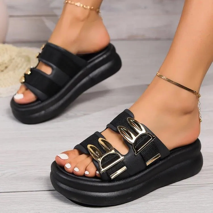 Women's thick bottom slippers with suede upper and rubber sole in apricot, black, and off-white colours