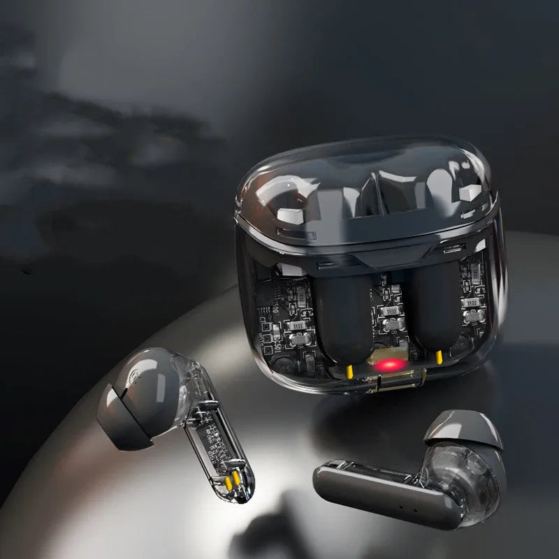 Transparent wireless Bluetooth earbud with breathing light available in black white and purple