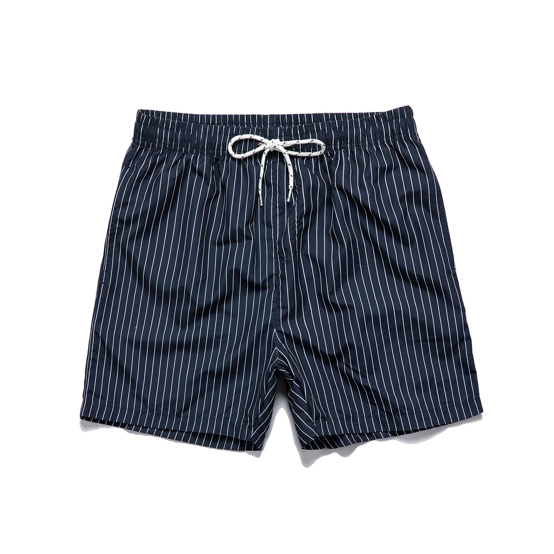 Polyester fibre beach shorts with digital printed striped triangle lining in straight leg style
