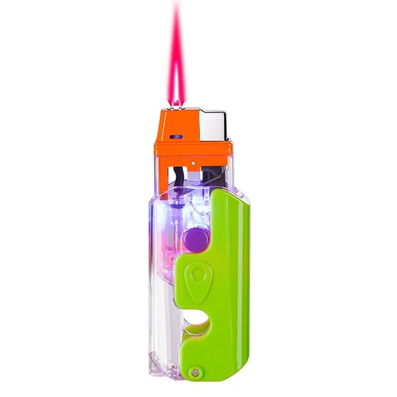 Orange, purple, and green plastic radish-shaped wind-resistant lighters on a white background.