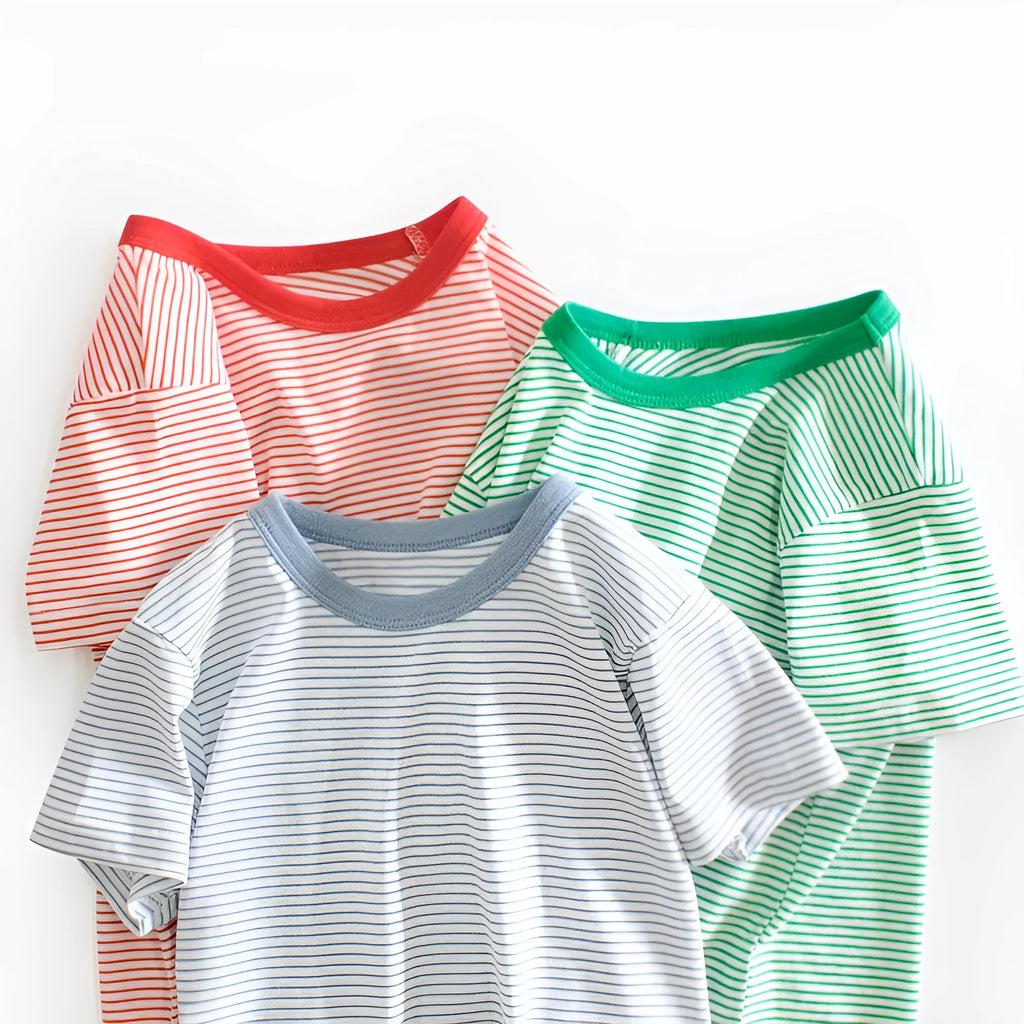 Striped baby boys summer short sleeve cotton bodysuit in rust red and white