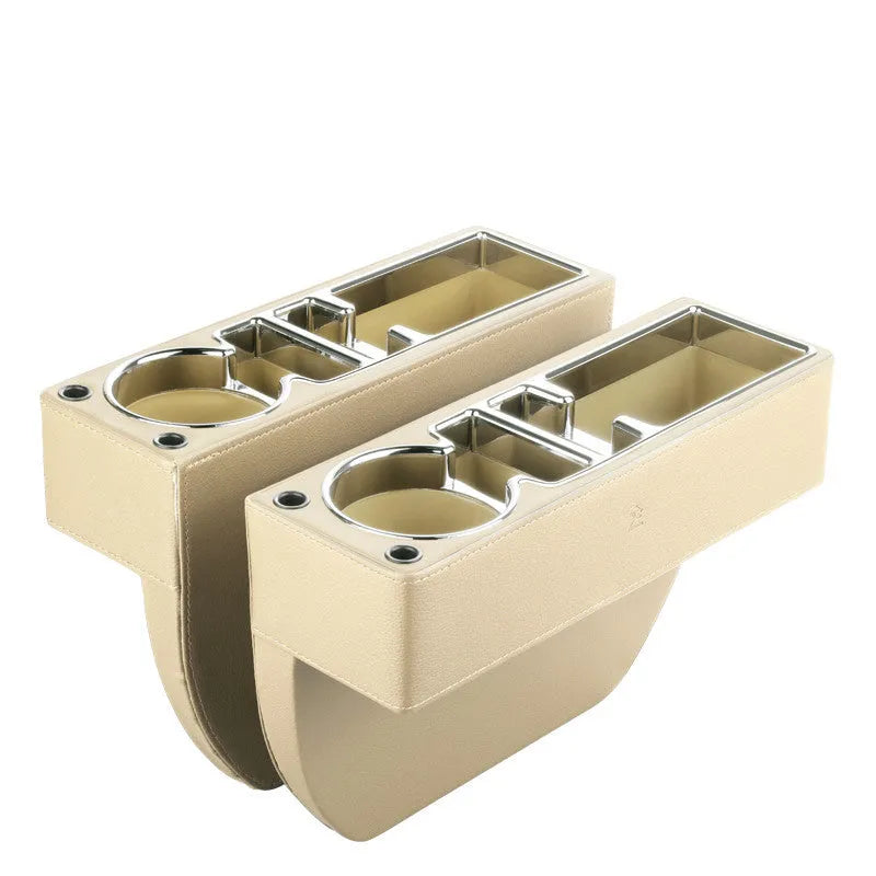 Black leather and plastic car seat gap storage box inserted between car seat and centre console