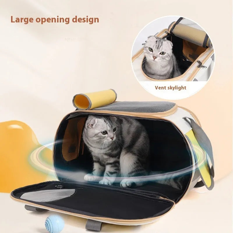 A foldable single shoulder pet bag in canvas, shown in yellow, green, and black colour options.