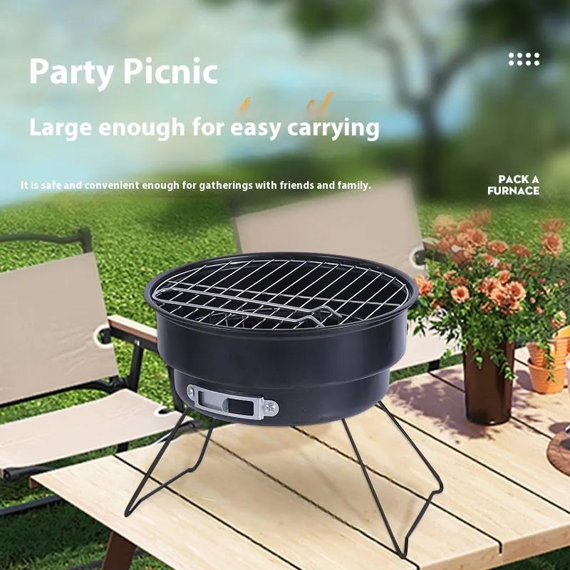 Small folding round ice stove with grill mesh and components for 1-2 person outdoor cooking