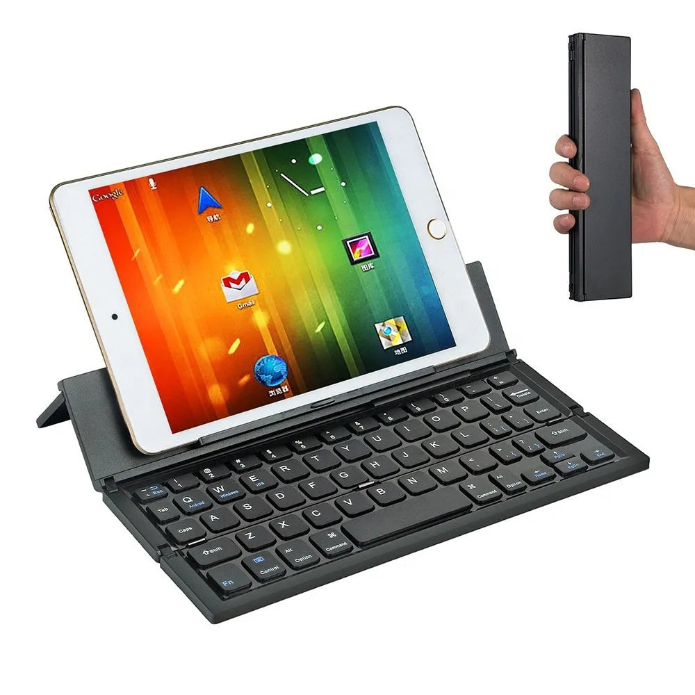 Black foldable Bluetooth keyboard shown alongside tablet demonstrating 8-inch compact size and portable design